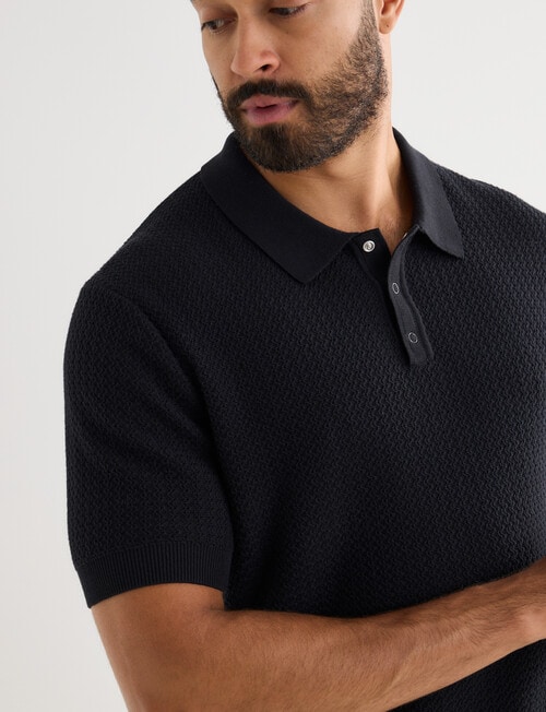 Gasoline Crochet Short Sleeve Knit Polo Shirt, Black product photo View 05 L
