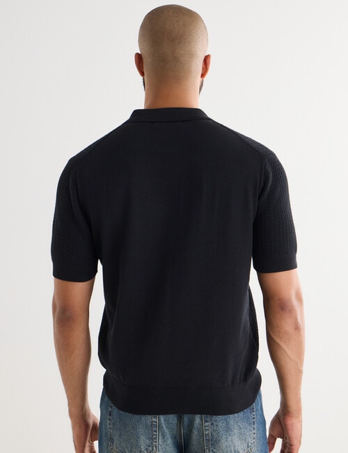 Gasoline Crochet Short Sleeve Knit Polo Shirt, Black product photo View 02 L