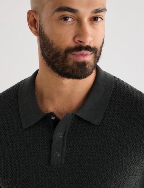 Gasoline Crochet Short Sleeve Knit Polo Shirt, Black product photo View 04 L