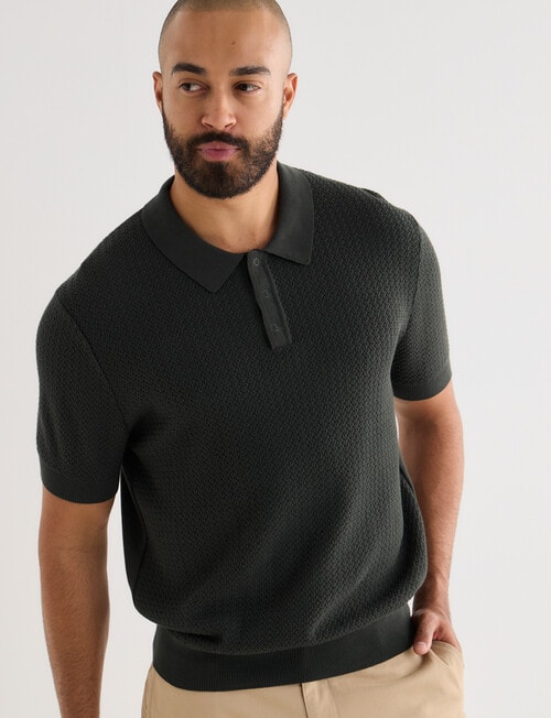 Gasoline Crochet Short Sleeve Knit Polo Shirt, Black product photo View 06 L