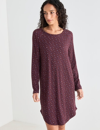 Zest Sleep Ditsy Long Sleeve Rib Nightie, Burgundy, 8-18 product photo