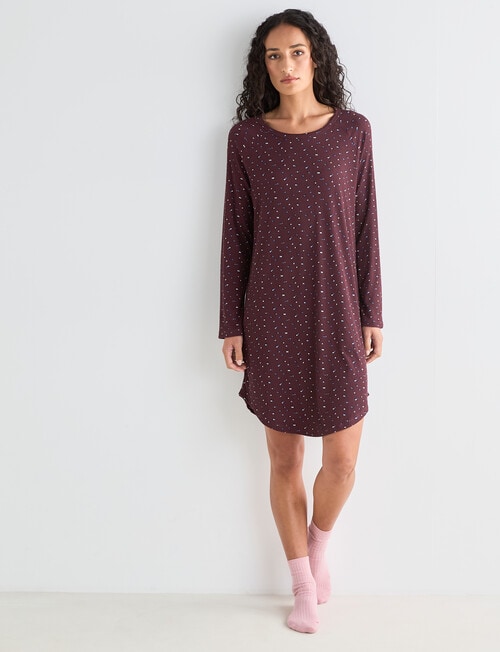 Zest Sleep Ditsy Long Sleeve Rib Nightie, Burgundy, 8-18 product photo View 03 L