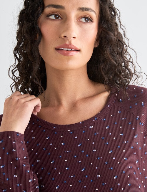 Zest Sleep Ditsy Long Sleeve Rib Nightie, Burgundy, 8-18 product photo View 04 L
