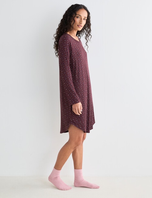 Zest Sleep Ditsy Long Sleeve Rib Nightie, Burgundy, 8-18 product photo View 05 L