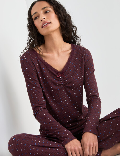 Zest Sleep Ditsy Rib PJ Set, Burgundy, 8-18 product photo