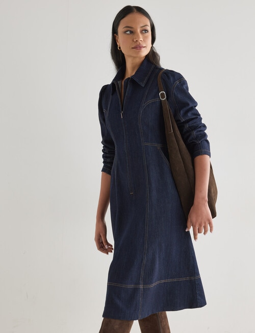 Whistle Zip Up Midi Denim Dress , Rinse product photo