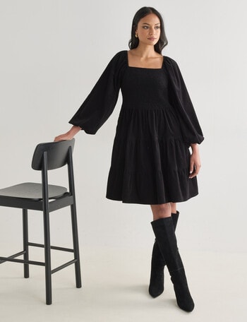 Whistle Cord Tiered Square Neck Mini Dress, Black product photo
