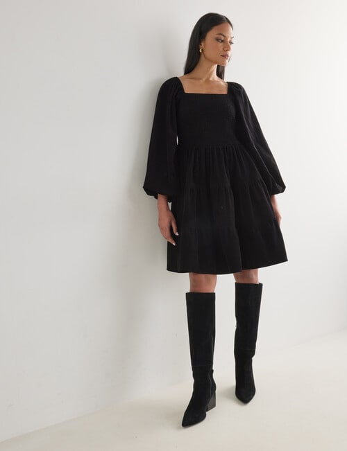 Whistle Cord Tiered Square Neck Mini Dress, Black product photo View 03 L