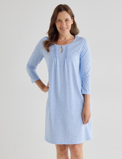 Ruby & Bloom Cotton 3/4 Sleeve Nightie, Blue Leaf, 10-26 product photo