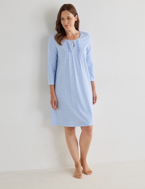 Ruby & Bloom Cotton 3/4 Sleeve Nightie, Blue Leaf, 10-26 product photo View 03 L