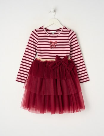 Mac & Ellie Long Sleeve Yarn Dyed Stripe Bow Dress, Blush & Berry product photo