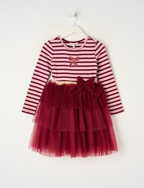 Mac & Ellie Long Sleeve Yarn Dyed Stripe Bow Dress, Blush & Berry product photo