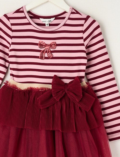 Mac & Ellie Long Sleeve Yarn Dyed Stripe Bow Dress, Blush & Berry product photo View 02 L