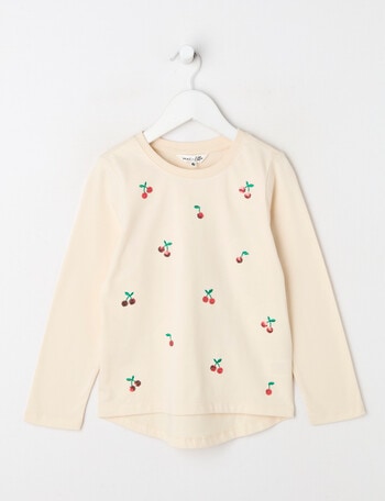 Mac & Ellie Sequin Cherries Long Sleeve Tee, Biscuit product photo
