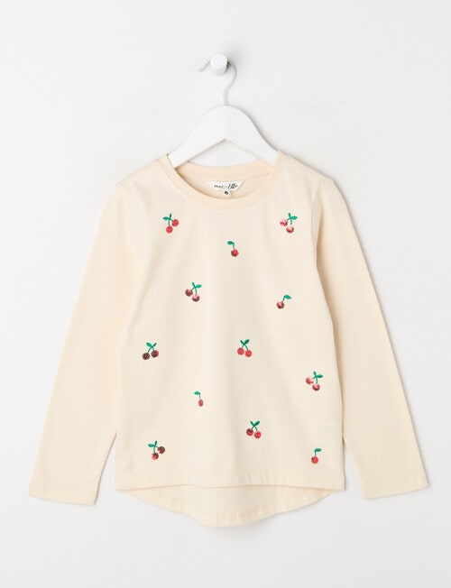 Mac & Ellie Sequin Cherries Long Sleeve Tee, Biscuit product photo