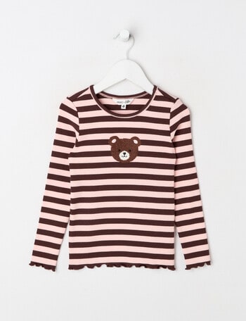 Mac & Ellie Bear Long Sleeve Stripe Rib Tee, Chocolate & Blush product photo