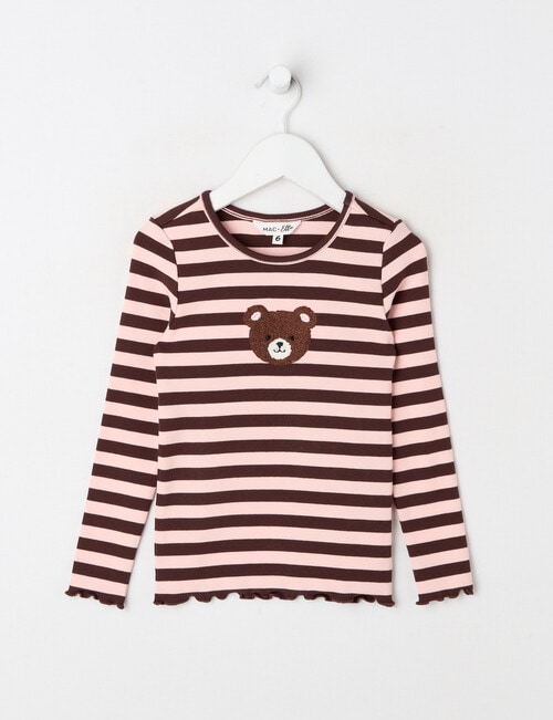 Mac & Ellie Bear Long Sleeve Stripe Rib Tee, Chocolate & Blush product photo