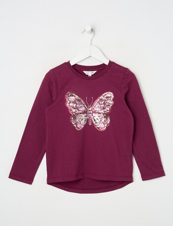 Mac & Ellie Sequin Butterfly Long Sleeve Tee, Berry product photo