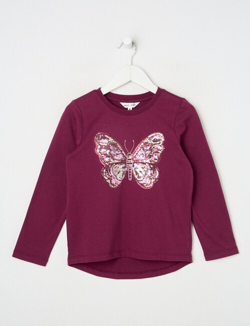 Mac & Ellie Sequin Butterfly Long Sleeve Tee, Berry product photo