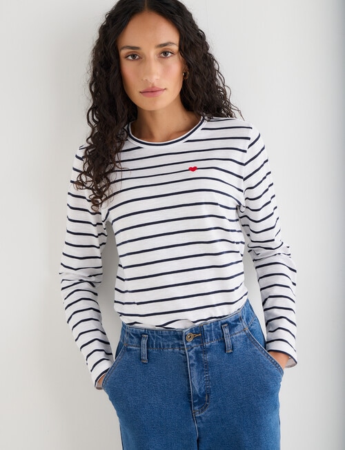Zest Organic Cotton Embroidered Stripe Long Sleeve Tee, Navy & White product photo View 04 L