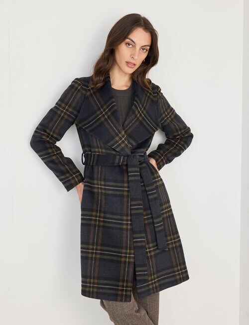 Oliver Black Check Wrap Coat, Navy - Coats & Jackets