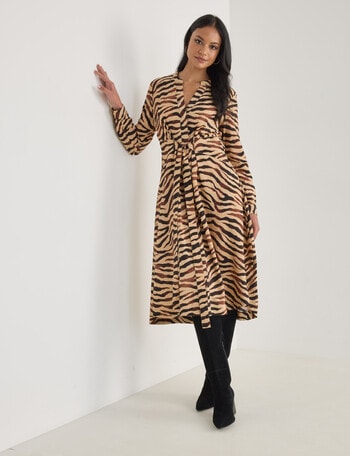 Whistle Long Sleeve Tie Waist Dress, Animal Natural & Black product photo