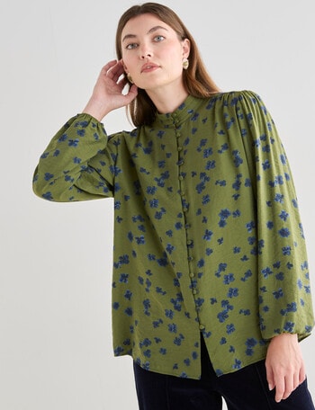 Whistle Floral Button Through Blouse, Olive product photo