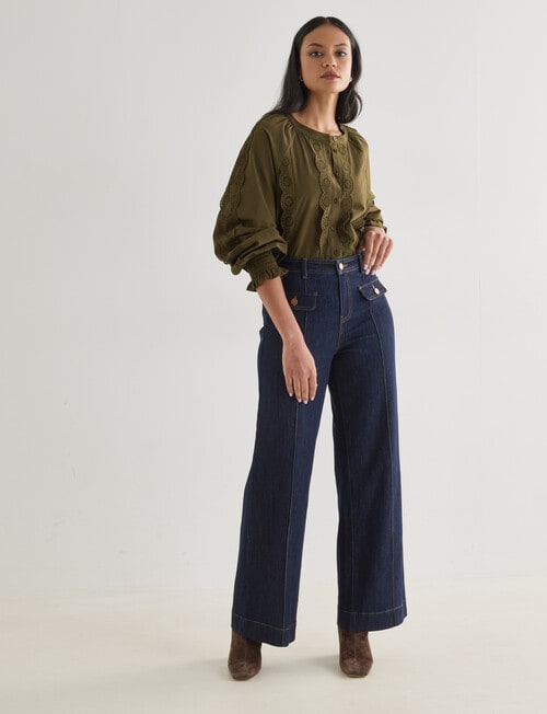 Whistle Broderie Trim Top, Khaki product photo View 03 L