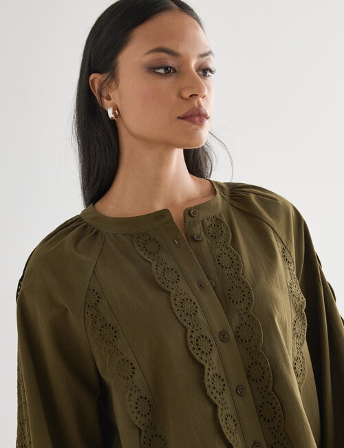 Whistle Broderie Trim Top, Khaki product photo View 04 L