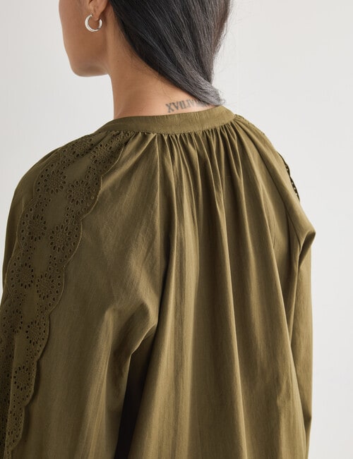 Whistle Broderie Trim Top, Khaki product photo View 06 L