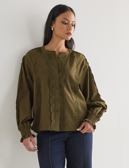 Whistle Broderie Trim Top, Khaki product photo View 07 L