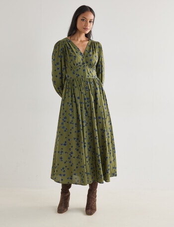 Whistle Long Sleeve V-Neck Dress, Olive Print product photo
