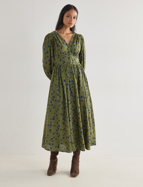 Whistle Long Sleeve V-Neck Dress, Olive Print product photo
