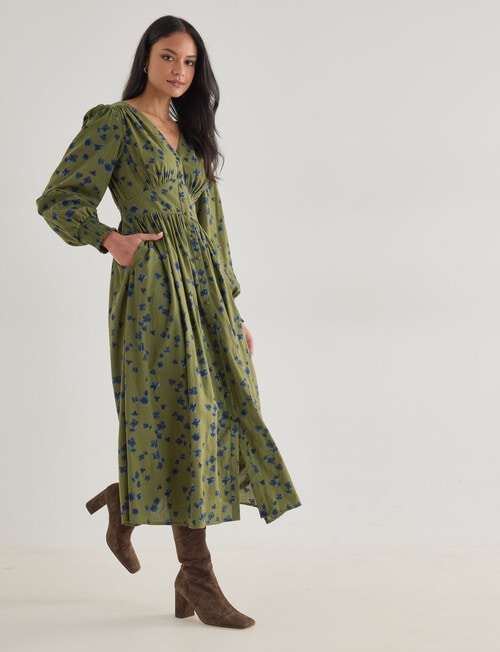Whistle Long Sleeve V-Neck Dress, Olive Print product photo View 03 L