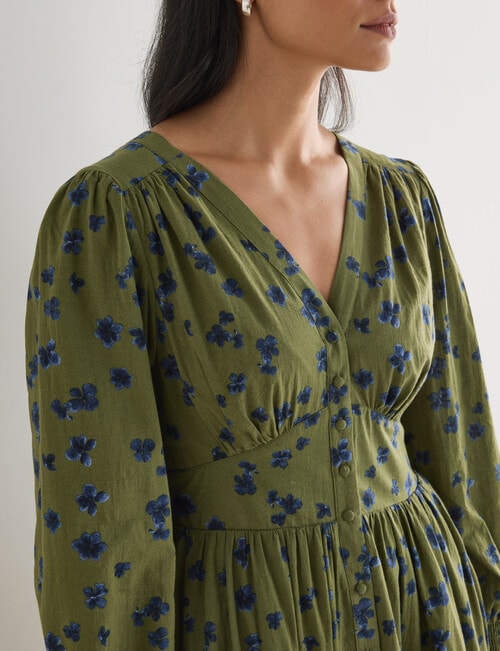 Whistle Long Sleeve V-Neck Dress, Olive Print product photo View 04 L