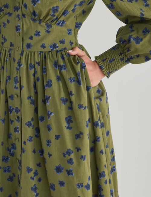 Whistle Long Sleeve V-Neck Dress, Olive Print product photo View 05 L