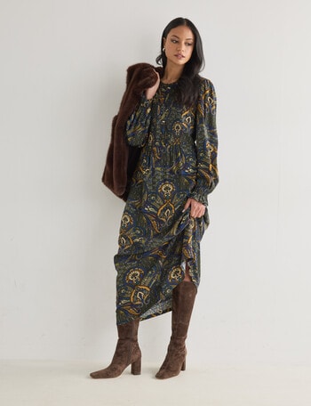 Whistle Long Sleeve Shirred Midi Dress, Vintage Paisley product photo