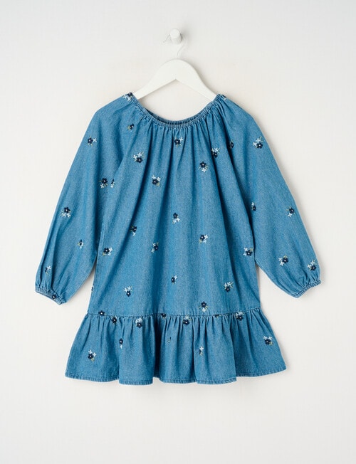 Mac & Ellie Long Sleeve Embroidery Floral Chambray Dress, Mid Blue product photo