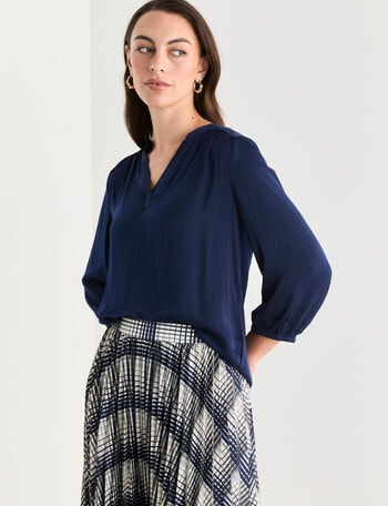 Oliver Black V-Neck Shirred Satin Top, Ink product photo