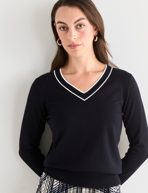 Oliver Black V-Neck Tipped Jumper, Navy product photo