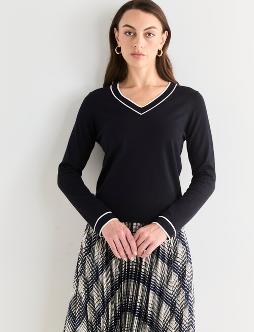 Oliver Black V-Neck Tipped Jumper, Navy product photo View 05 L