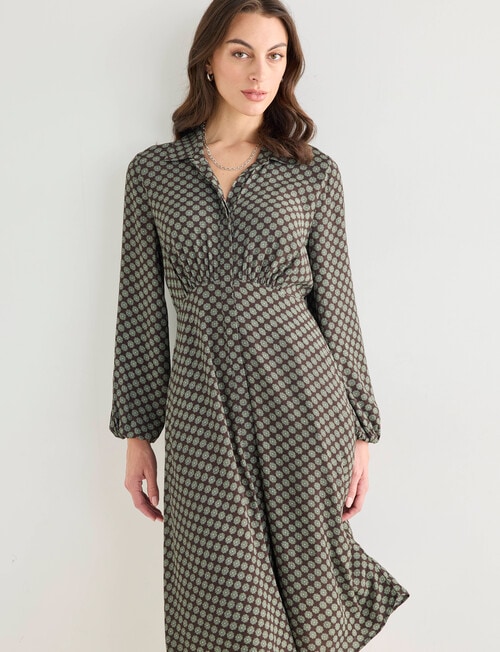 Oliver Black Tile Long Sleeve Shirt Dress, Chocolate & Green product photo