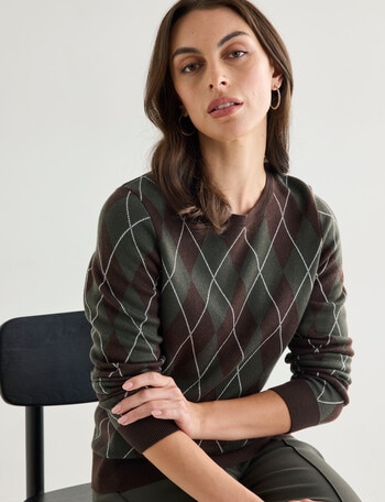 Oliver Black Long Sleeve Argyle Crew Knit Jumper, Forest & Chocolate product photo