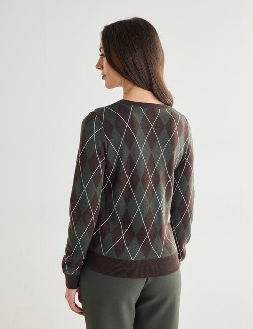 Oliver Black Long Sleeve Argyle Crew Knit Jumper, Forest & Chocolate product photo View 02 L