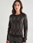 Oliver Black Long Sleeve Argyle Crew Knit Jumper, Forest & Chocolate product photo View 04 S