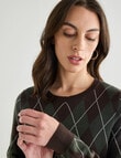 Oliver Black Long Sleeve Argyle Crew Knit Jumper, Forest & Chocolate product photo View 05 S