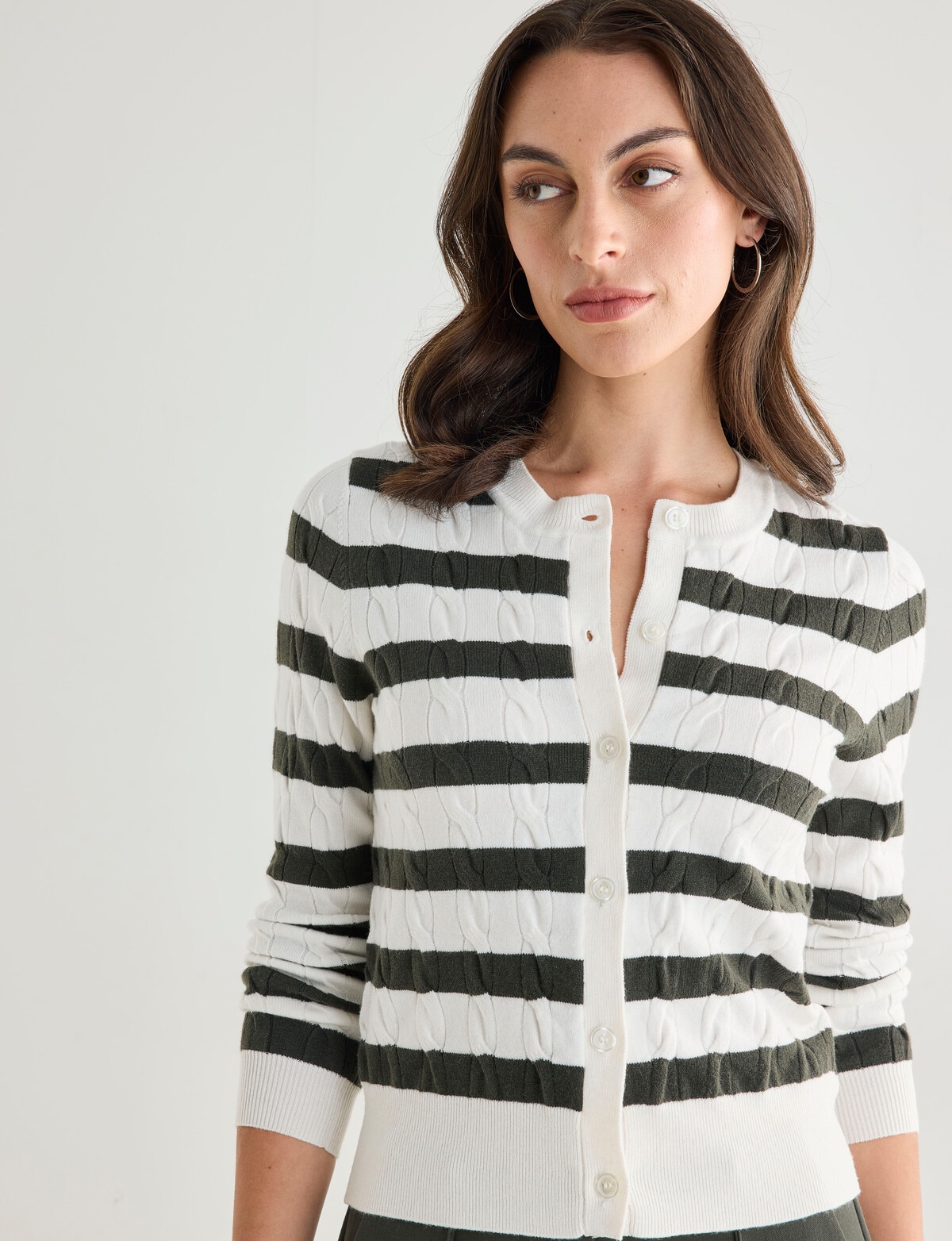 Oliver Black Long Sleeve Stripe Cable Cardigan, Ivory & Forest
