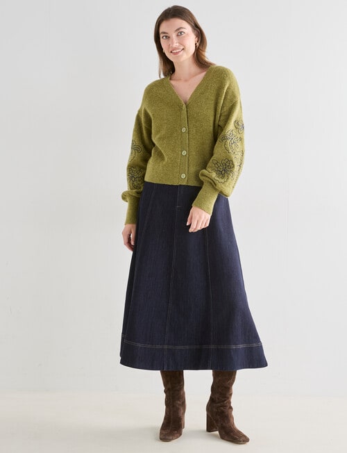 Whistle Embroidered Sleeve Cardigan, Olive product photo View 03 L