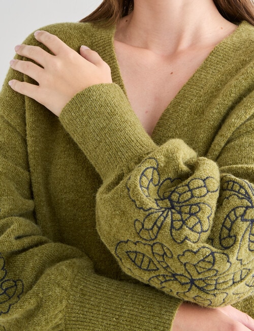 Whistle Embroidered Sleeve Cardigan, Olive product photo View 05 L