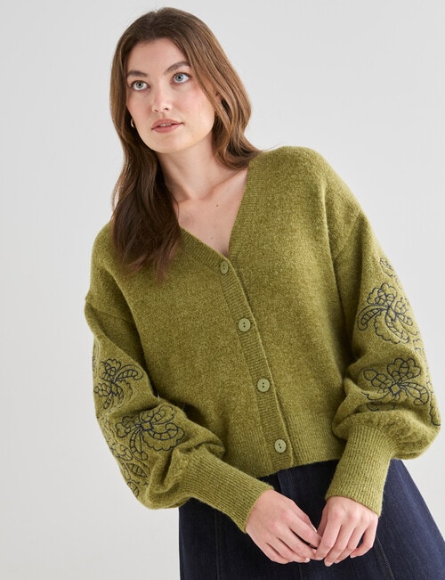 Whistle Embroidered Sleeve Cardigan, Olive product photo View 06 L